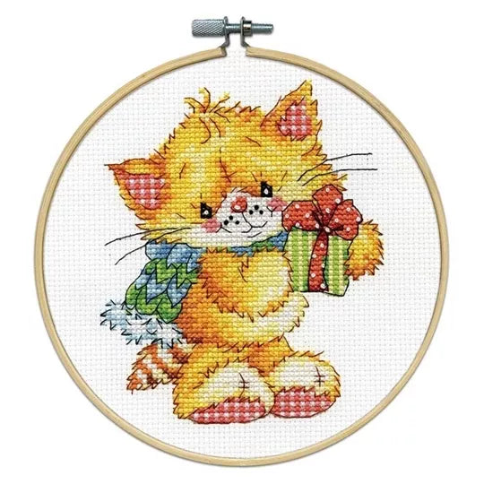 Cat & Gift with Hoop Cross Stitch Kit - Design Works