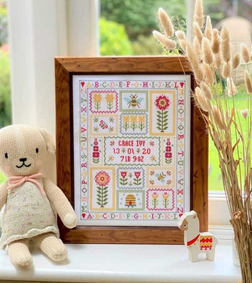 Bee Birth Sampler (White) Cross Stitch Kit Historical Sampler Co