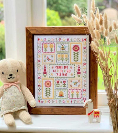 Bee Birth Sampler (White) Cross Stitch Kit Historical Sampler Co