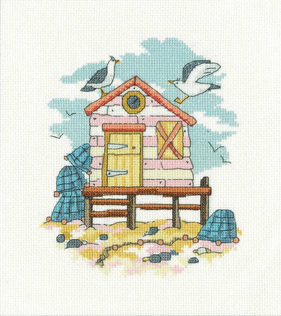 Pink Beach Hut Cross Stitch Kit Heritage Crafts