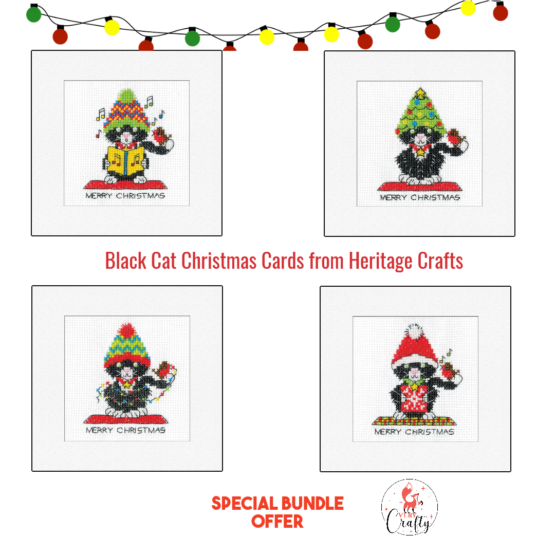 Black Cat Christmas Card Cross Stitch Kits (Set of 4) ~ Heritage Crafts