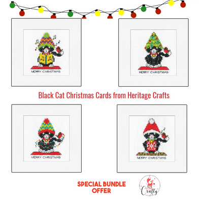 Black Cat Christmas Card Cross Stitch Kits (Set of 4) ~ Heritage Crafts