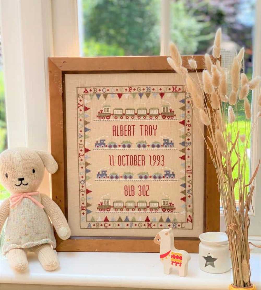 Bunting Train Birth Sampler Cross Stitch Kit Historical Sampler Co
