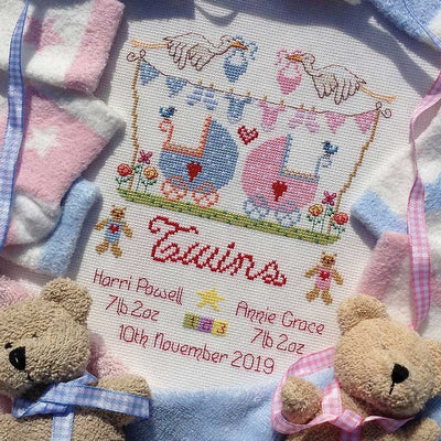 Nia Cross Stitch - Twins Birth Sampler Cross Stitch Kit