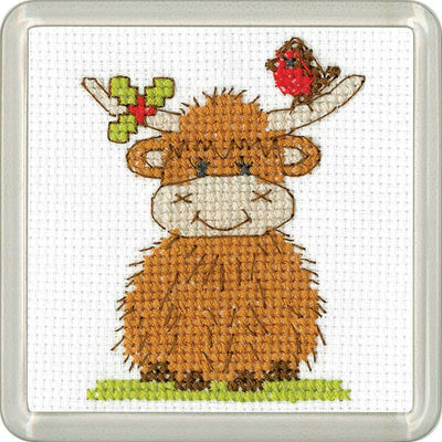 Highland Robin & Holly Cross Stitch COASTER Kit Heritage Crafts