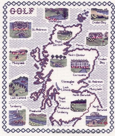 Golf In Scotland Map Cross Stitch Kit - Classic Embroidery