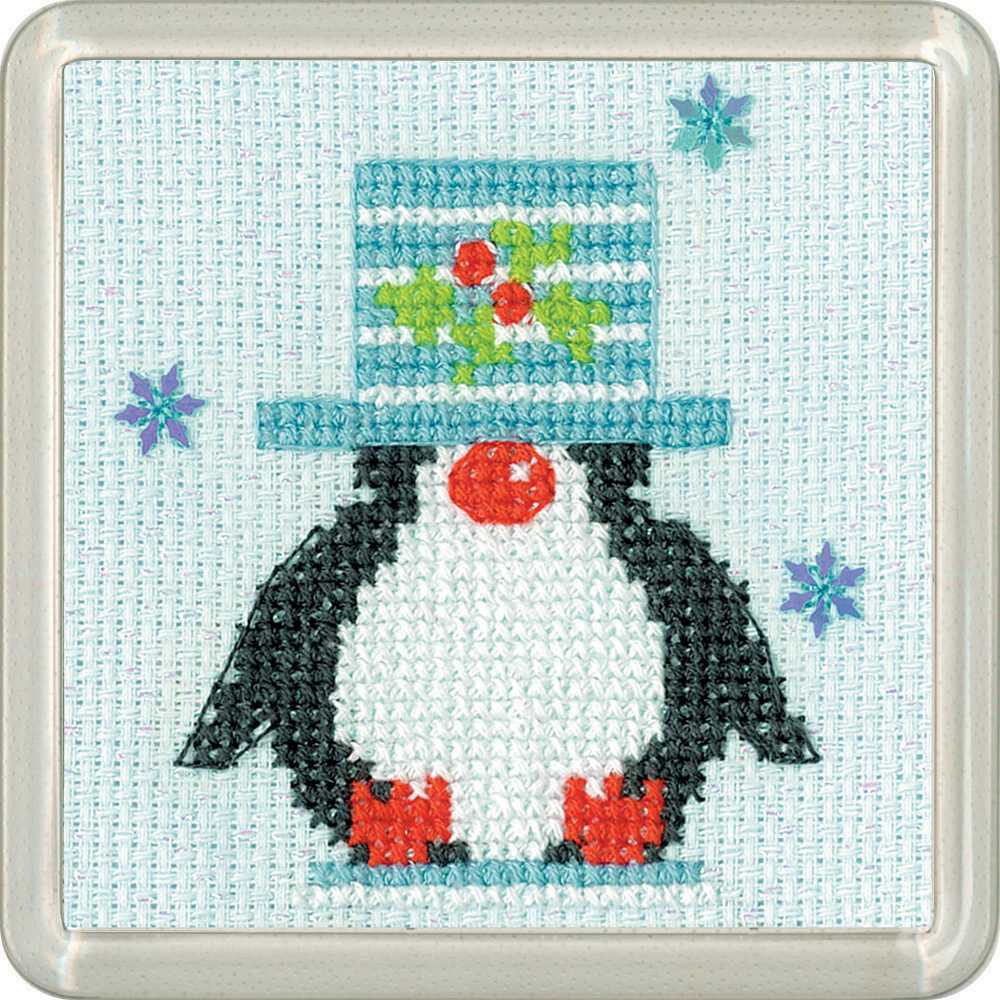 Frosted Penguin Top Hat Cross Stitch COASTER Kit Heritage Crafts SALE