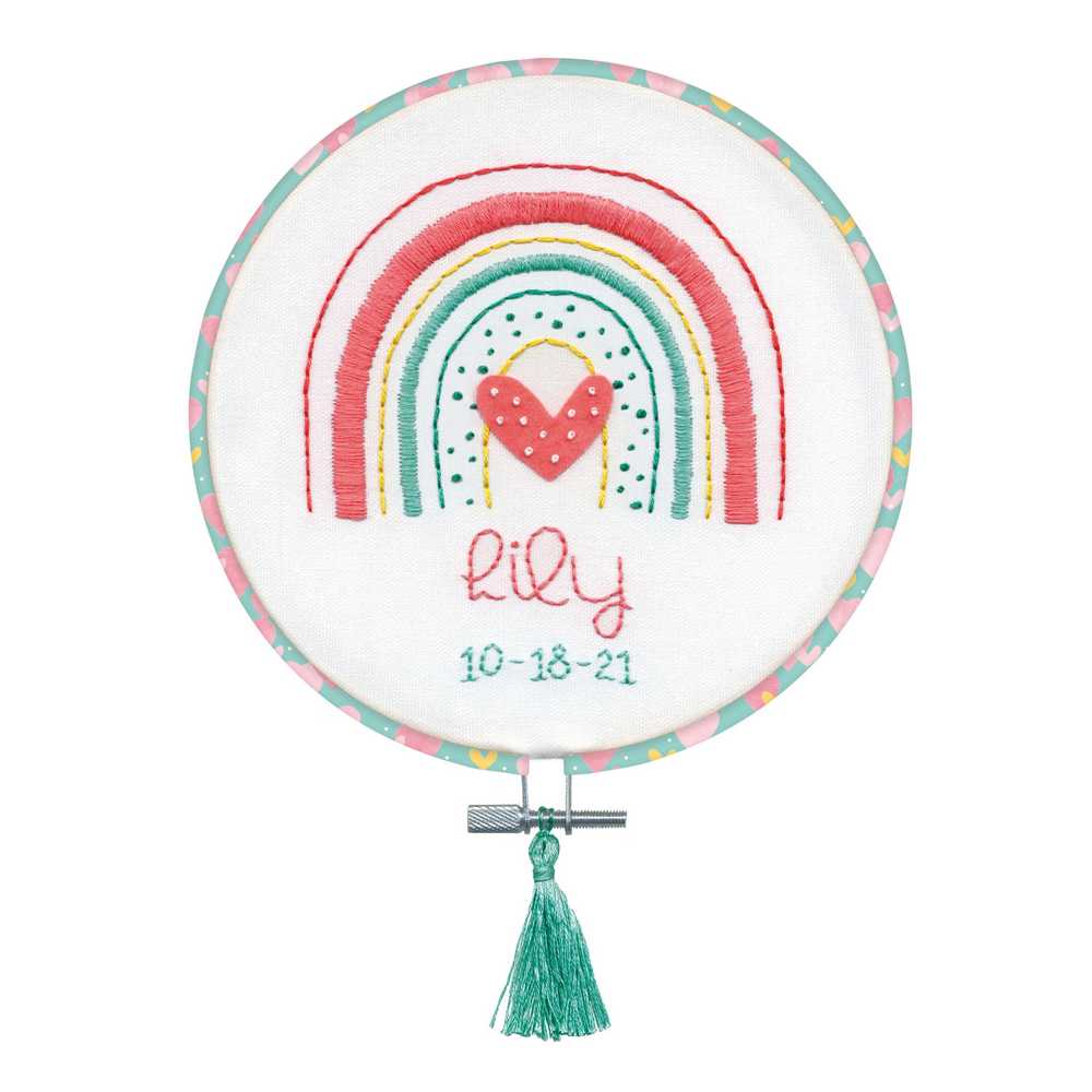 Rainbow Birth Sampler Embroidery Kit with Hoop Dimensions