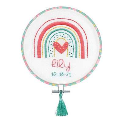 Rainbow Birth Sampler Embroidery Kit with Hoop Dimensions