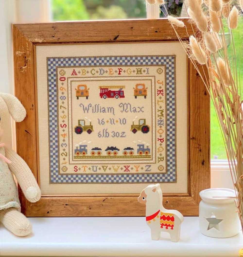 Fire Engine Birth Sampler Cross Stitch Kit Historical Sampler Co