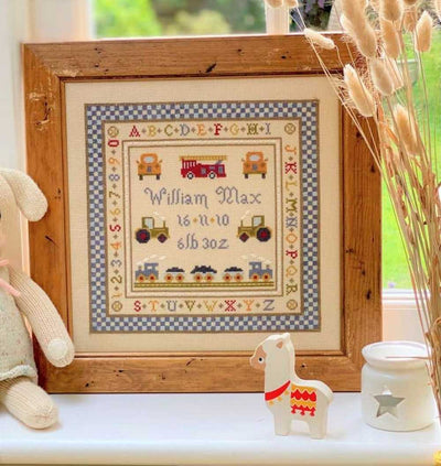 Fire Engine Birth Sampler Cross Stitch Kit Historical Sampler Co