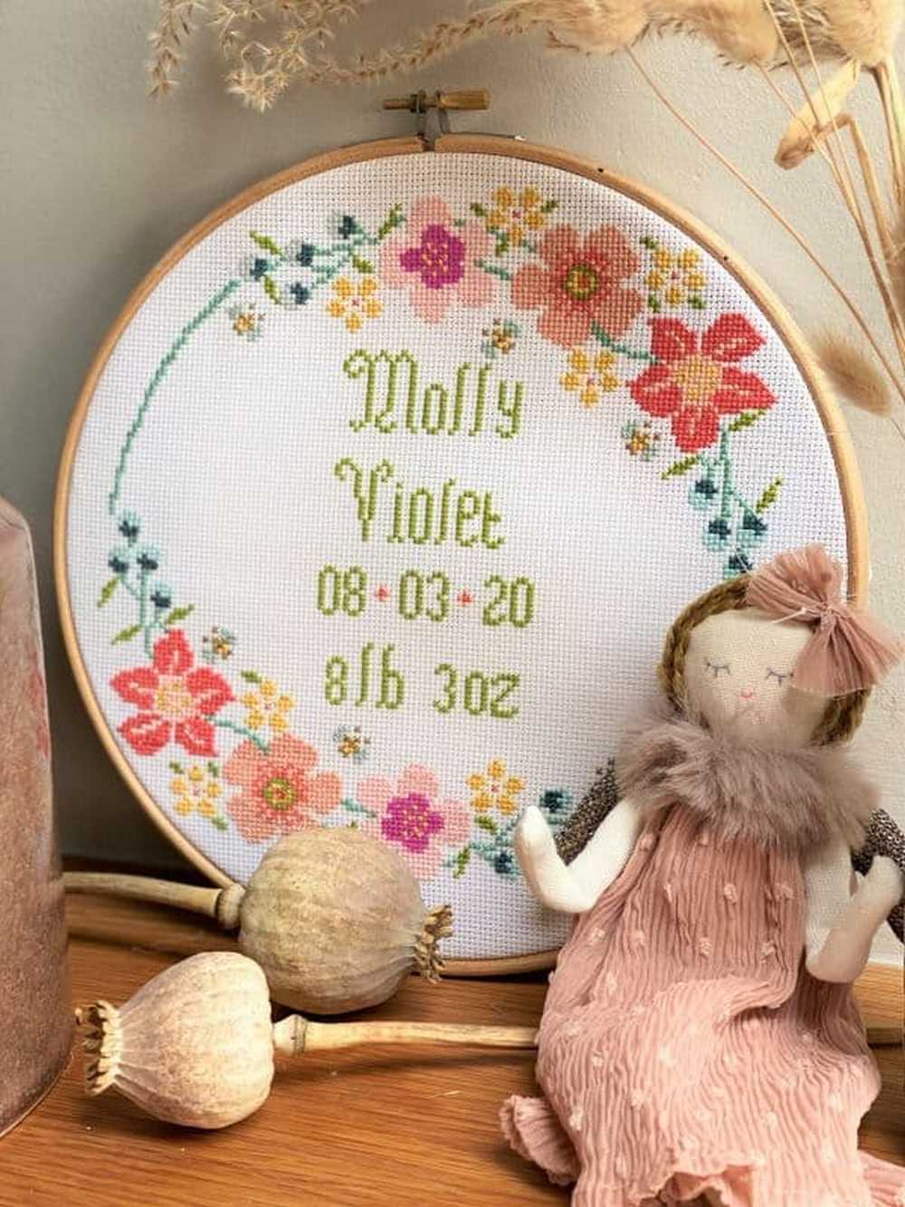 Floral Hoop Birth Sampler Cross Stitch Kit Historical Sampler Co