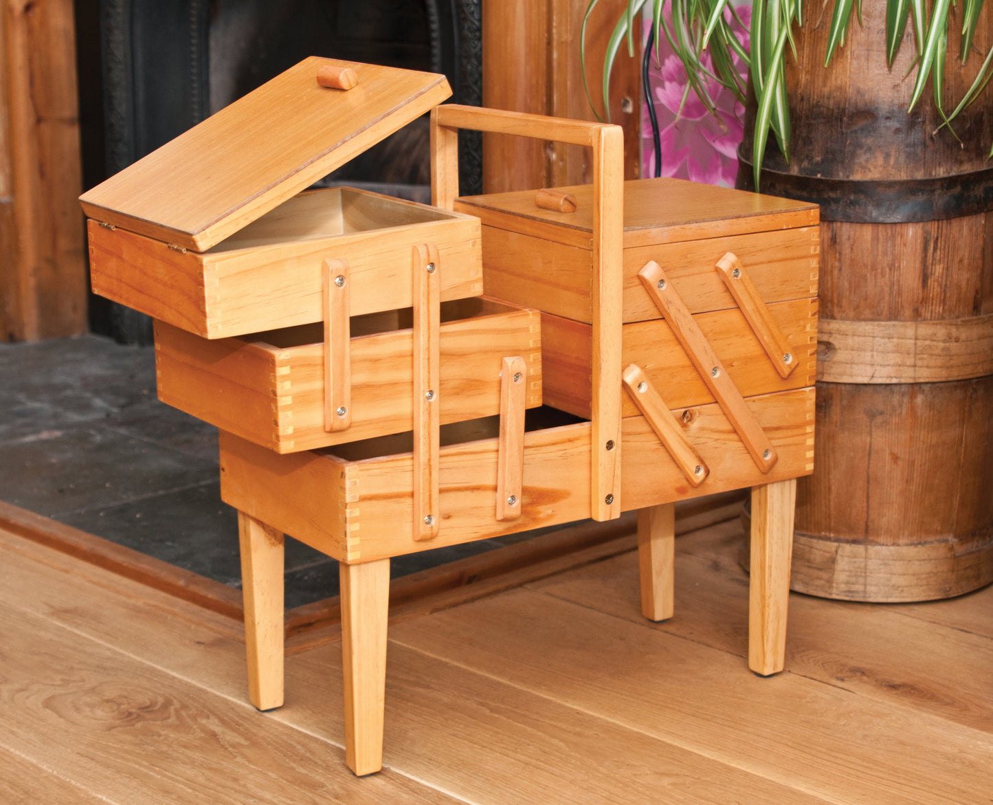 Cantilever Beech Wood Sewing Box with Legs 3 Tier - Hobby Gift