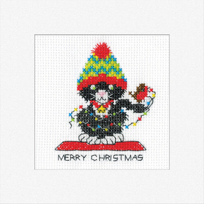 Black Cat ~ Christmas Lights Cross Stitch Card - Heritage Crafts