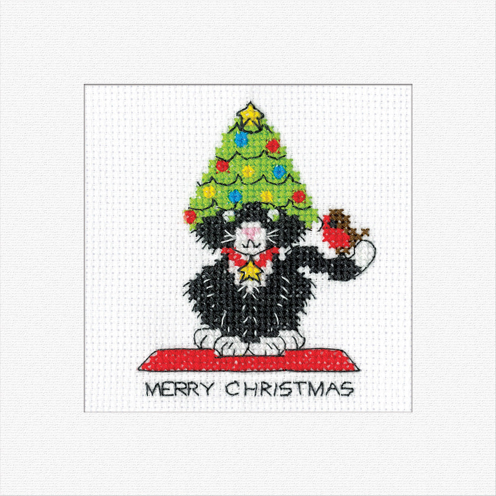 Black Cat ~ Christmas Tree Hat Cross Stitch Card - Heritage Crafts