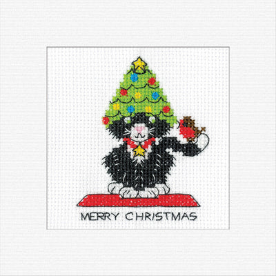Black Cat ~ Christmas Tree Hat Cross Stitch Card - Heritage Crafts