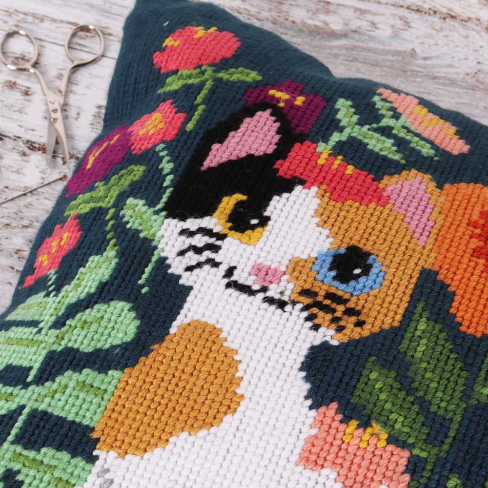 Cat Printed Cushion Tapestry/Half Cross Stitch Kit ~ Trimits