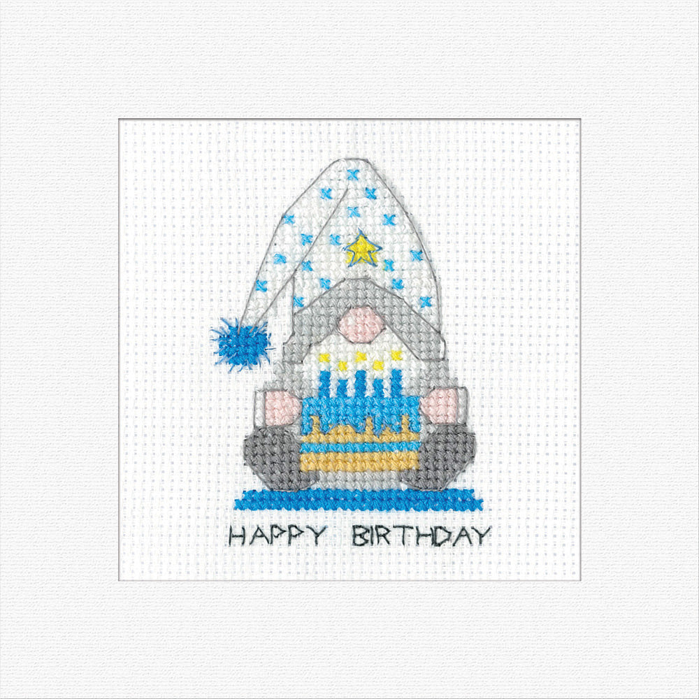 Birthday Cake Gonk Boy (Blue) Cross Stitch Card - Heritage Crafts