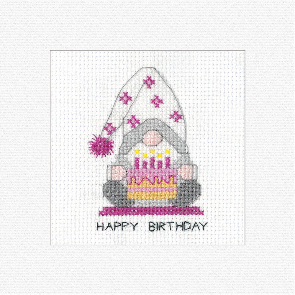 Birthday Cake Gonk Girl (Pink) Cross Stitch Card - Heritage Crafts