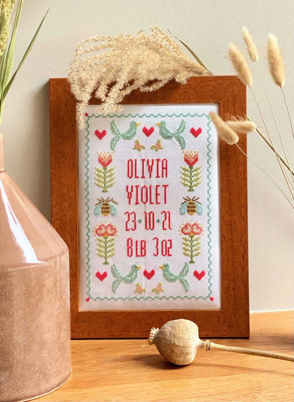 Heart and Bird Birth Sampler Cross Stitch Kit Historical Sampler Co