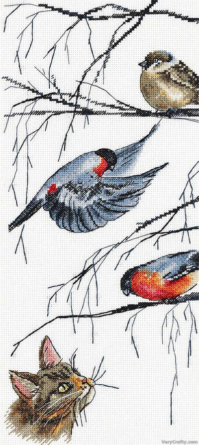 Birds & Curious Cat Cross Stitch Kit ~ PANNA