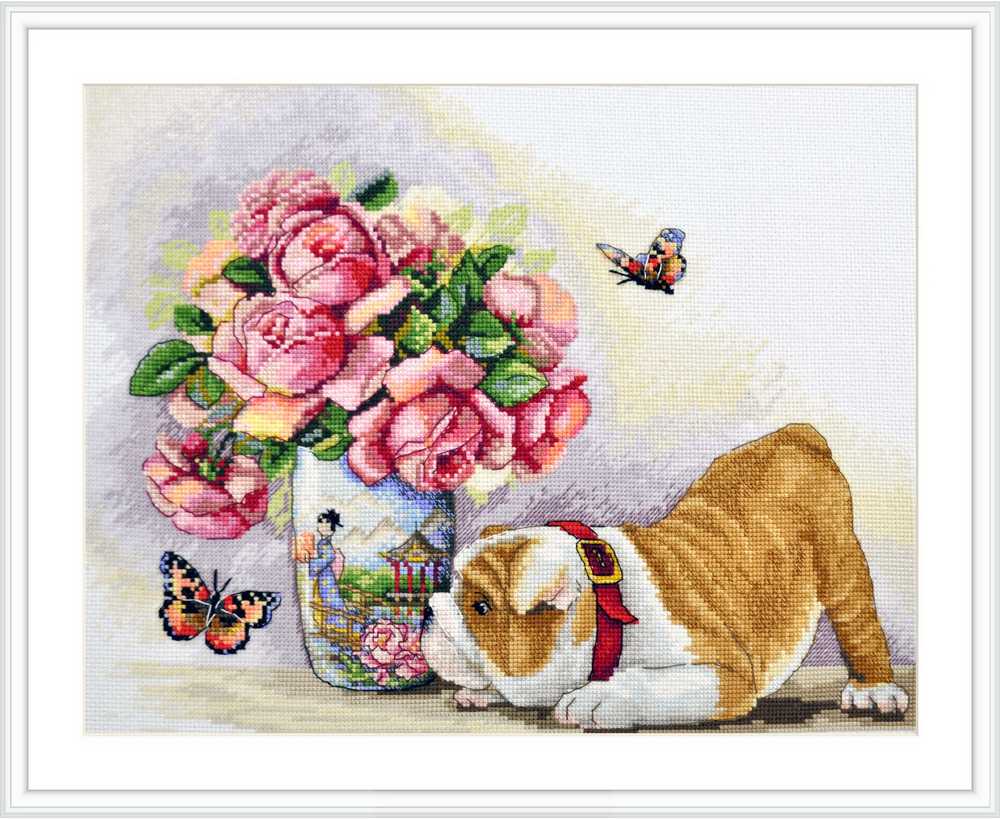 Bulldog and Butterflies Cross Stitch Kit ~ Merejka