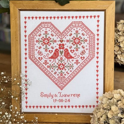 Red Love Birds Wedding Sampler Cross Stitch Kit Historical Sampler Co