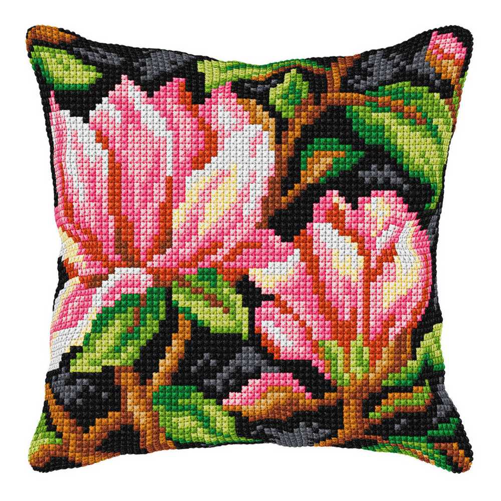 Orchidea Cross Stitch Kit- Cushion- Large- Flowers on Black Background ~ ORC.9589
