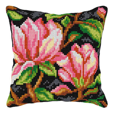 Orchidea Cross Stitch Kit- Cushion- Large- Flowers on Black Background ~ ORC.9589
