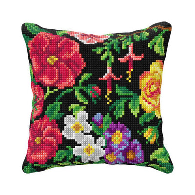 Orchidea Cross Stitch Kit- Cushion- Flowers on Black Background