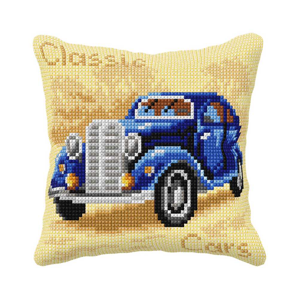 Orchidea Cross Stitch Kit- Cushion- Blue Vintage Car