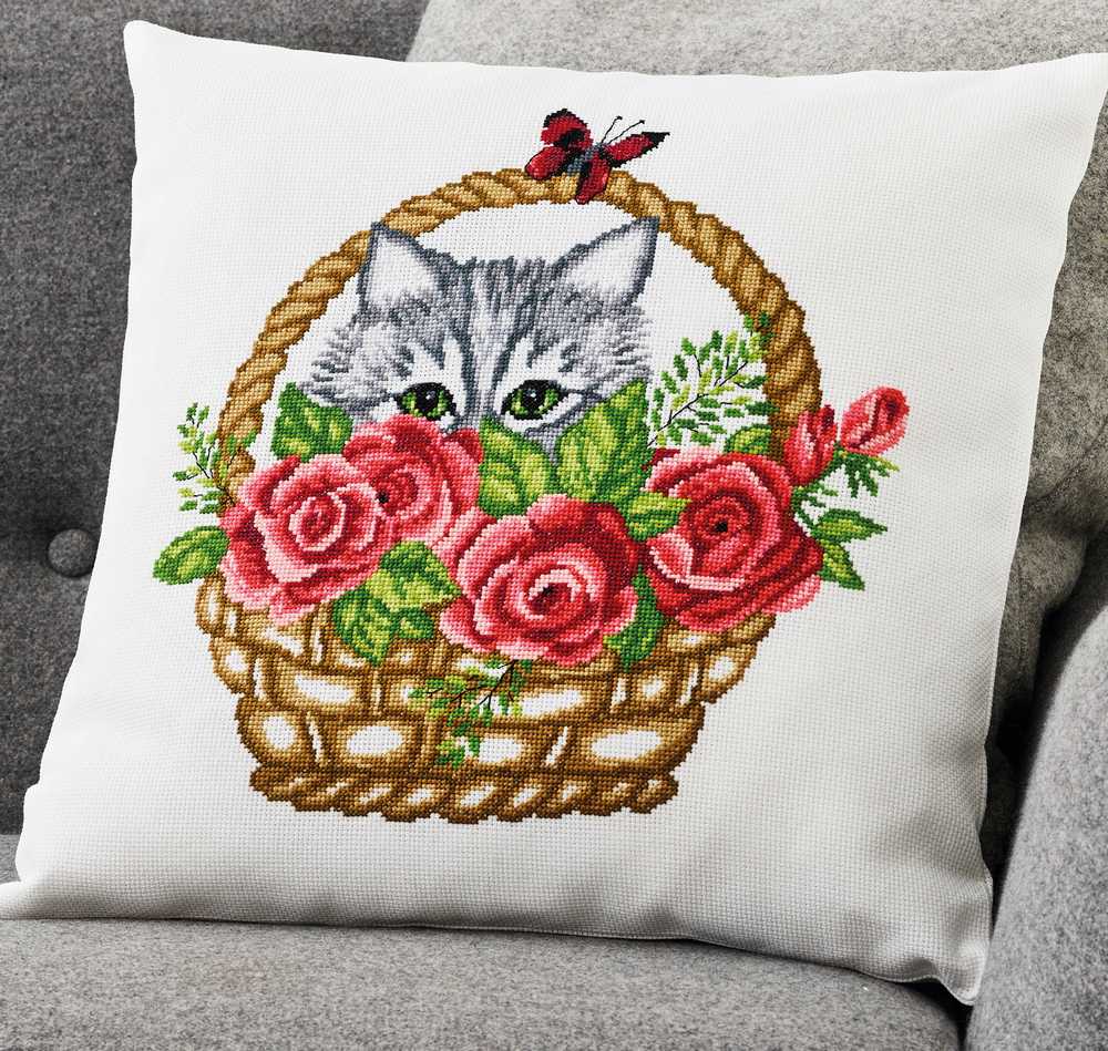 Basket and Cat Cushion Cross Stitch Kit ~ Permin