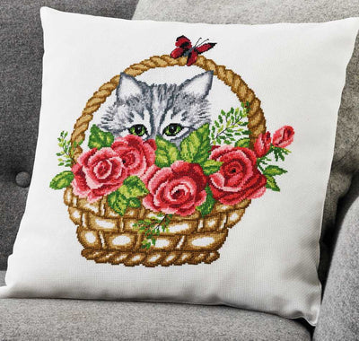 Basket and Cat Cushion Cross Stitch Kit ~ Permin