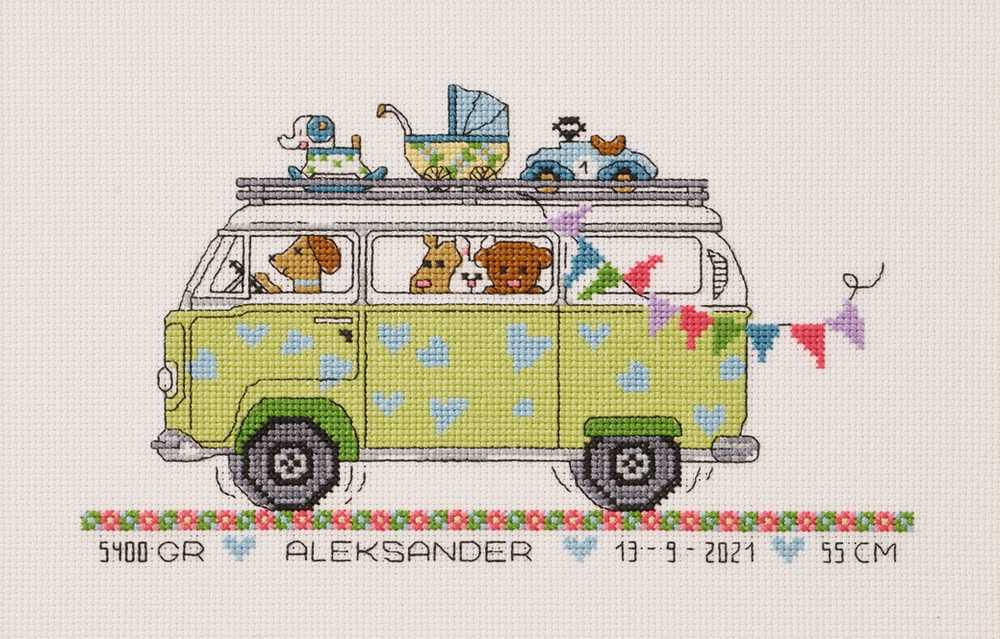 Boys Bus Birth Record Cross Stitch Kit ~ Permin