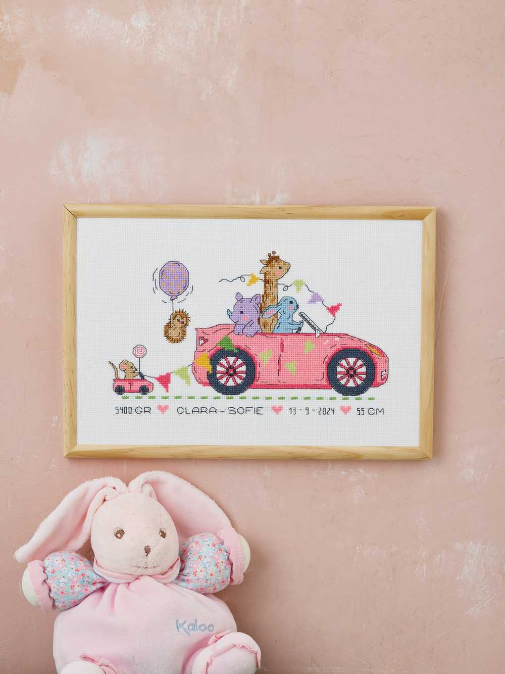 Pink Car Birth Sampler Cross Stitch Kit ~ Permin