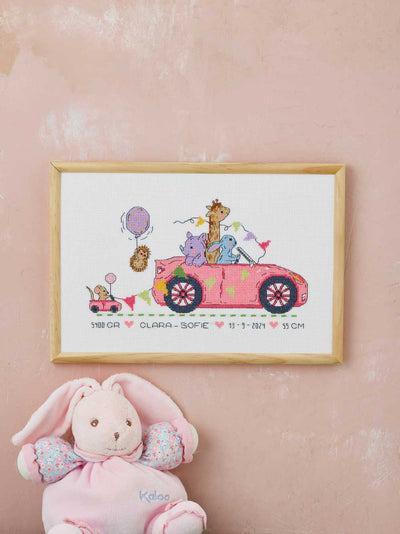 Pink Car Birth Sampler Cross Stitch Kit ~ Permin
