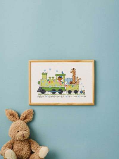 Green Train Birth Sampler Cross Stitch Kit ~ Permin