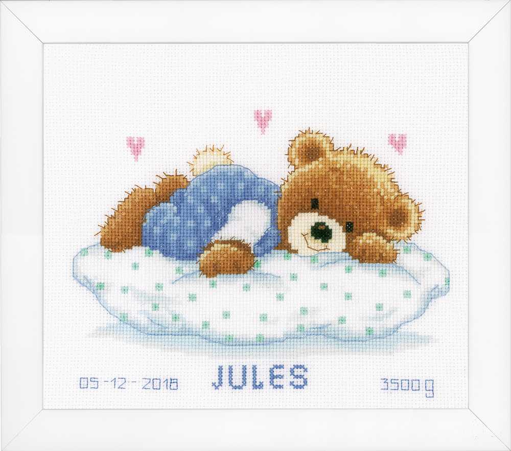 Vervaco Cross Stitch Kit -Snoozing Teddy Bear Birth Sampler