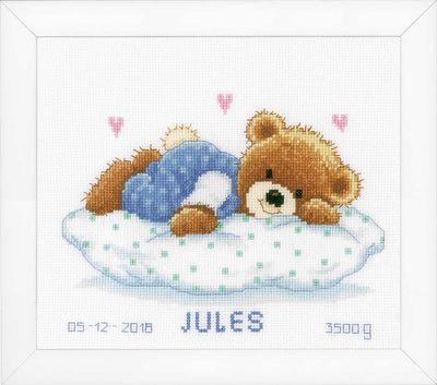 Vervaco Cross Stitch Kit -Snoozing Teddy Bear Birth Sampler