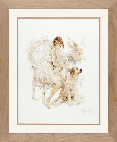 Girl in Chair with Dog (Linen) Counted Cross Stitch Kit Lanarte