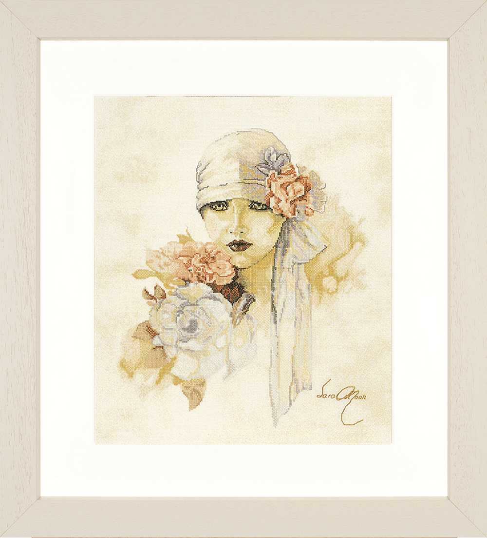 Sara Moon: Lady With Pink Flower (Linen) Counted Cross Stitch Kit Lanarte