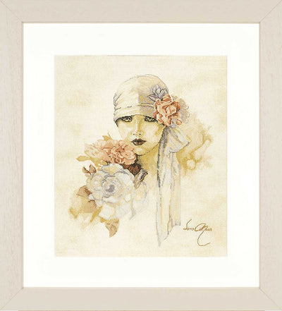 Sara Moon: Lady With Pink Flower (Linen) Counted Cross Stitch Kit Lanarte