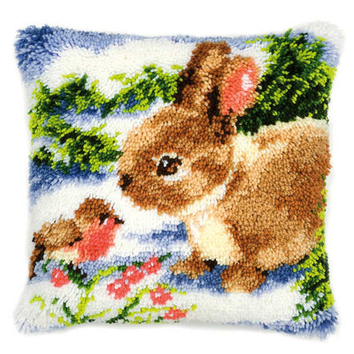 Vervaco Latch Hook Kit: Cushion: Winter Scene Rabbit and Robin