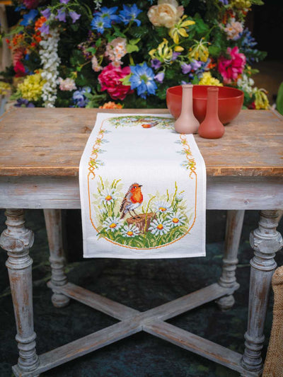 Vervaco Cross Stitch Table Runner Kit - Daisies and Robin