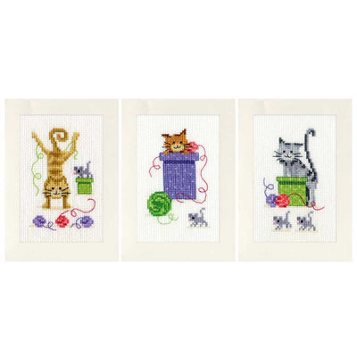 Vervaco Cross Stitch Kit - Set of 3 Playful Cats Greetings Cards