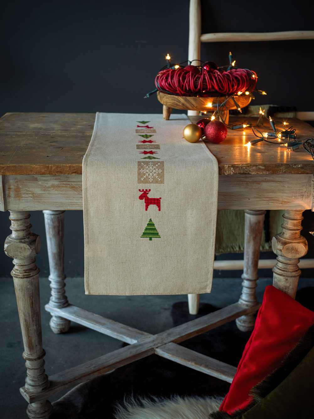 Checkered Christmas Trees Table Runner Cross Stitch Kit - Vervaco