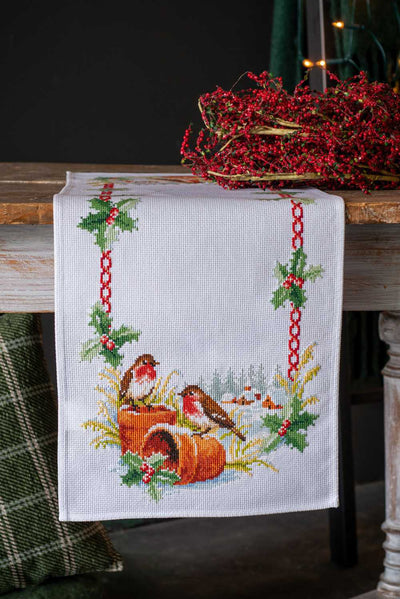 Vervaco Cross Stitch Table Runner Kit - Robins in Winter