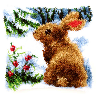Cushion: Rabbit in the Snow Latch Hook Kit Vervaco