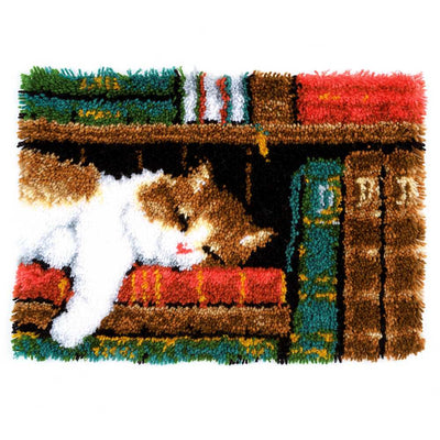 Rug: Cat on Bookshelf Latch Hook Kit Vervaco