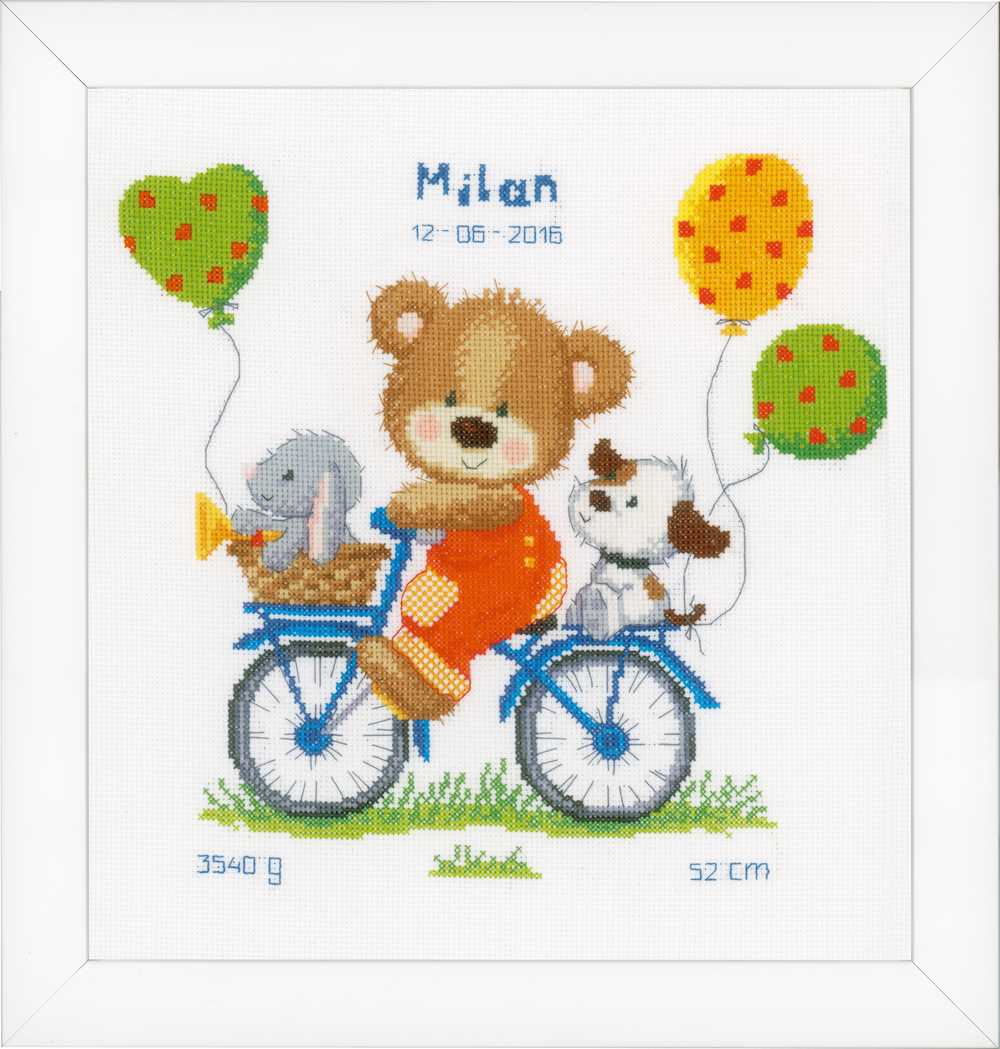 Cycling Bear Birth Sampler Cross Stitch Kit Vervaco